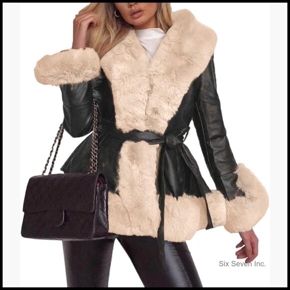 Jackets & Blazers - Faux Leather Jacket with Fur Collar Slim Fit Parka Coat